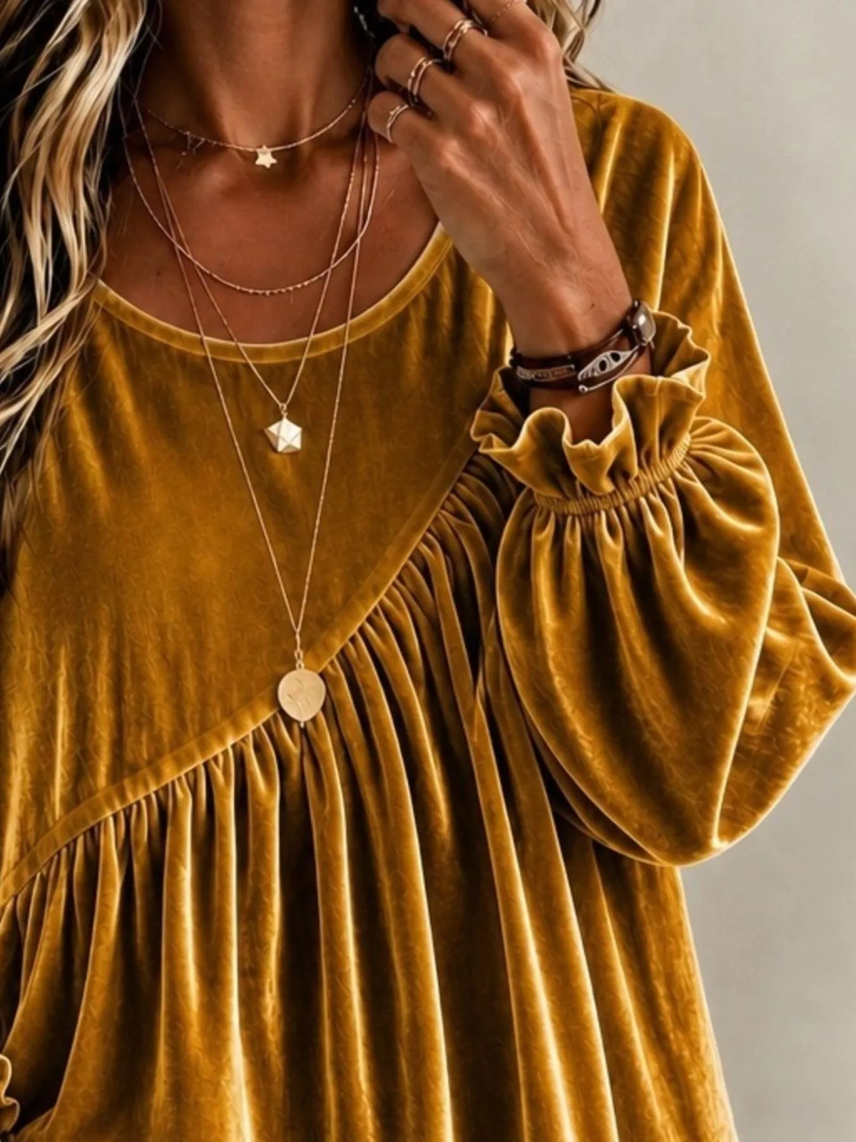 Full Size Velvet Round Neck Long Sleeve Blouse Plus Size | STAHlin RADIANCE