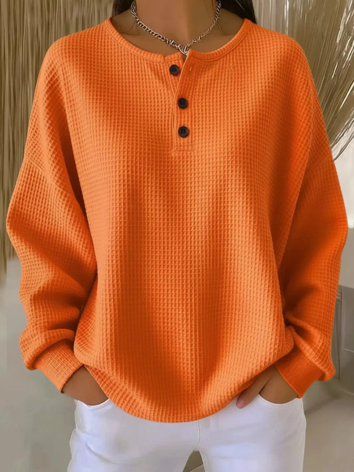 Full Size Waffle Knit Button Detail Top Plus Size | STAHlin RADIANCE