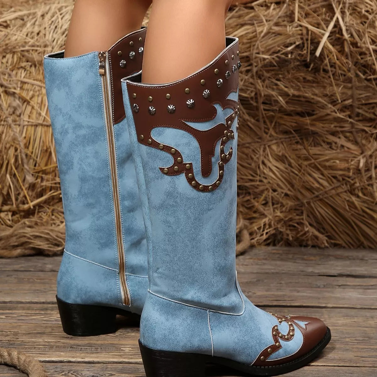 Western-Style Studded Two-Tone Mid-Calf Cowboy Boots | STAHlin RADIANCE
