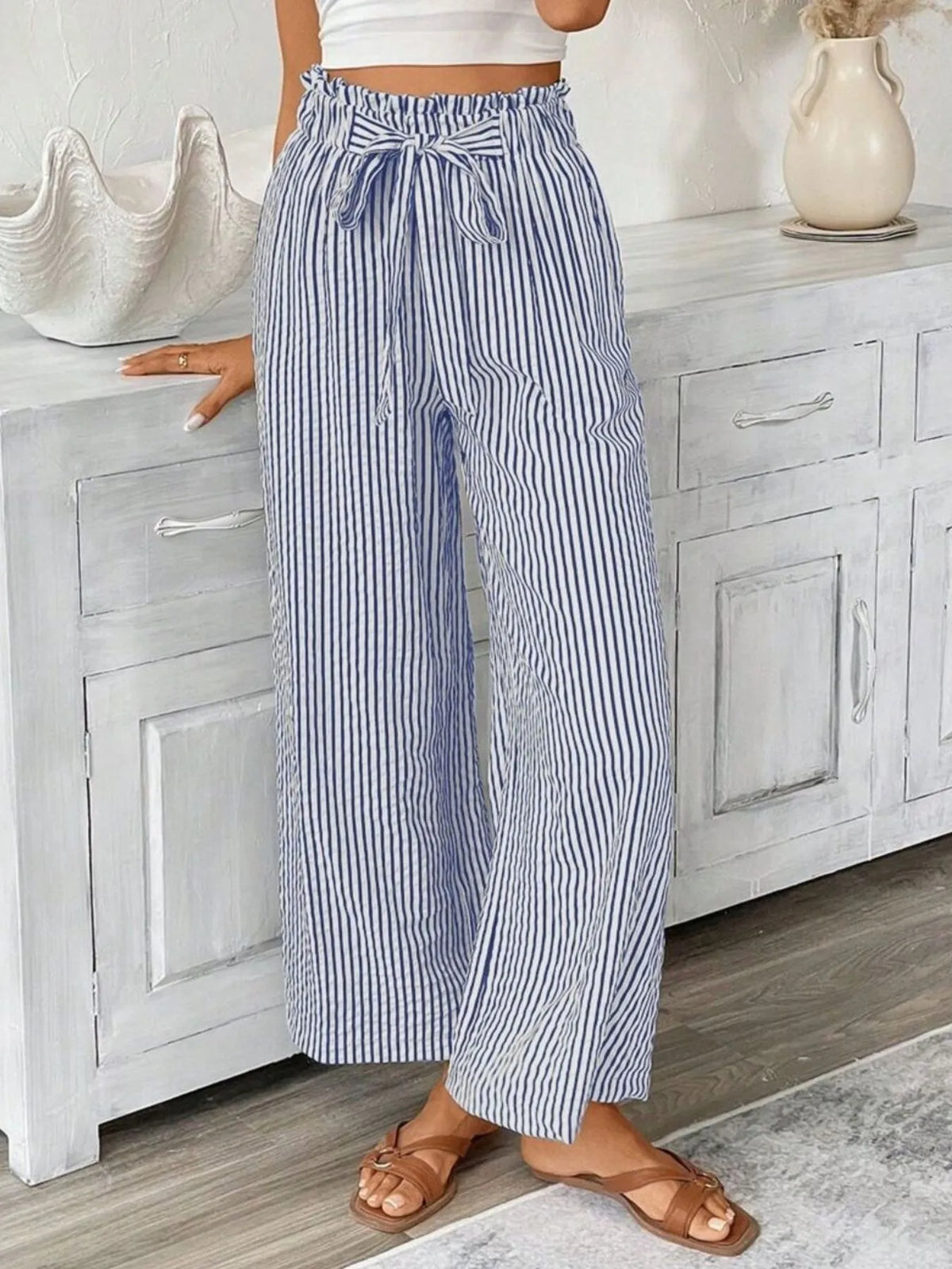 Full Size Striped Wide Leg Paper Bag Pants Plus Size | STAHlin RADIANCE