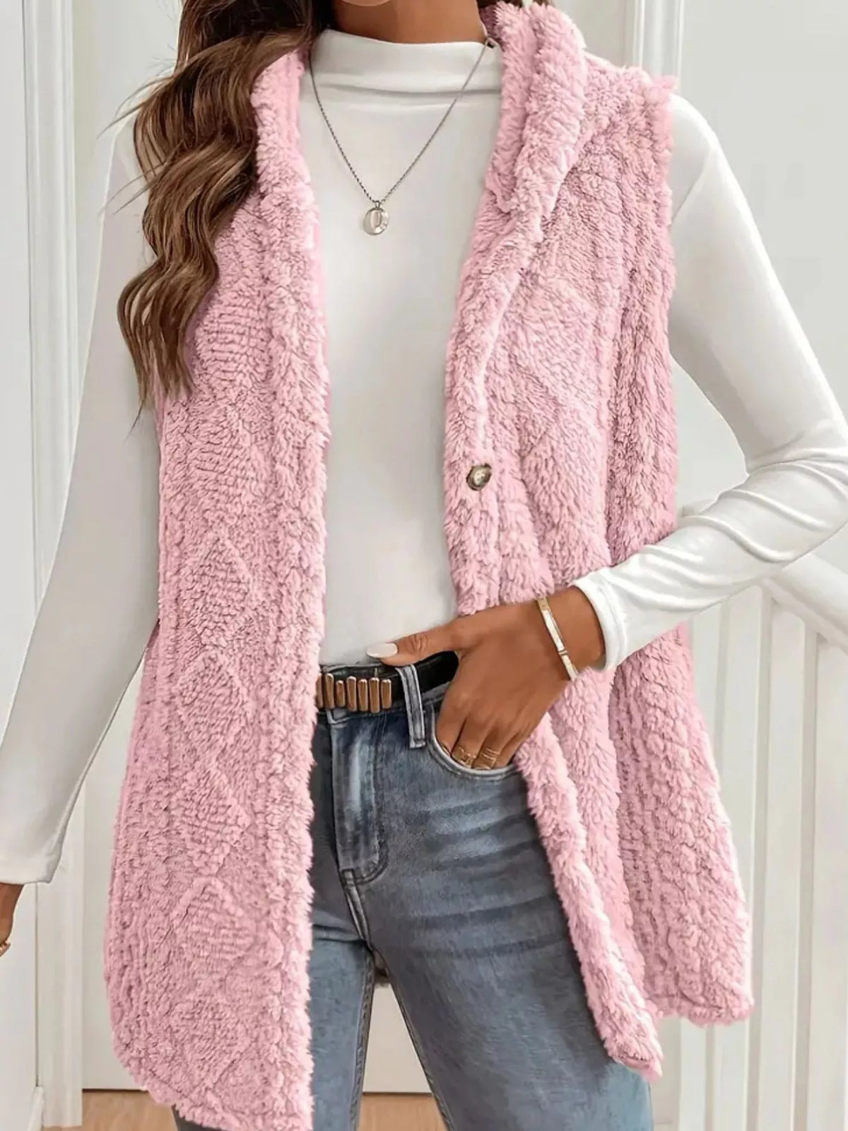 Hooded Button-Up Sherpa Vest Coat | STAHlin RADIANCE