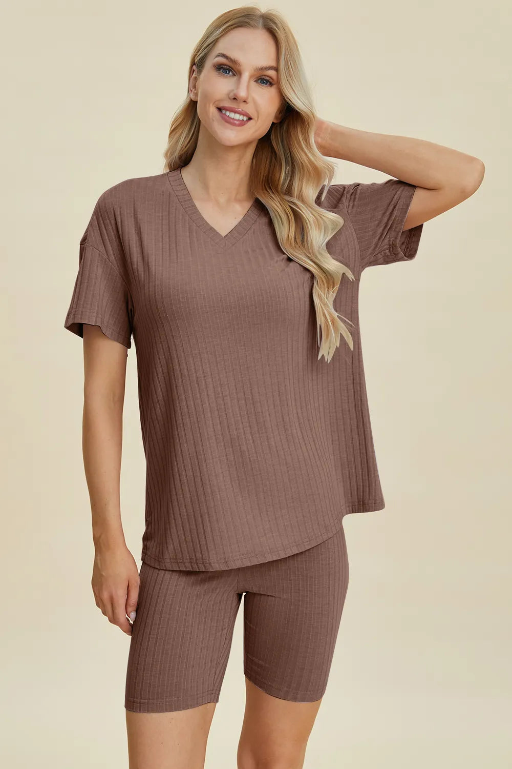 Basic Bae Full Size Ribbed V-Neck Short Sleeve Top and Shorts Set | STAHlin RADIANCE