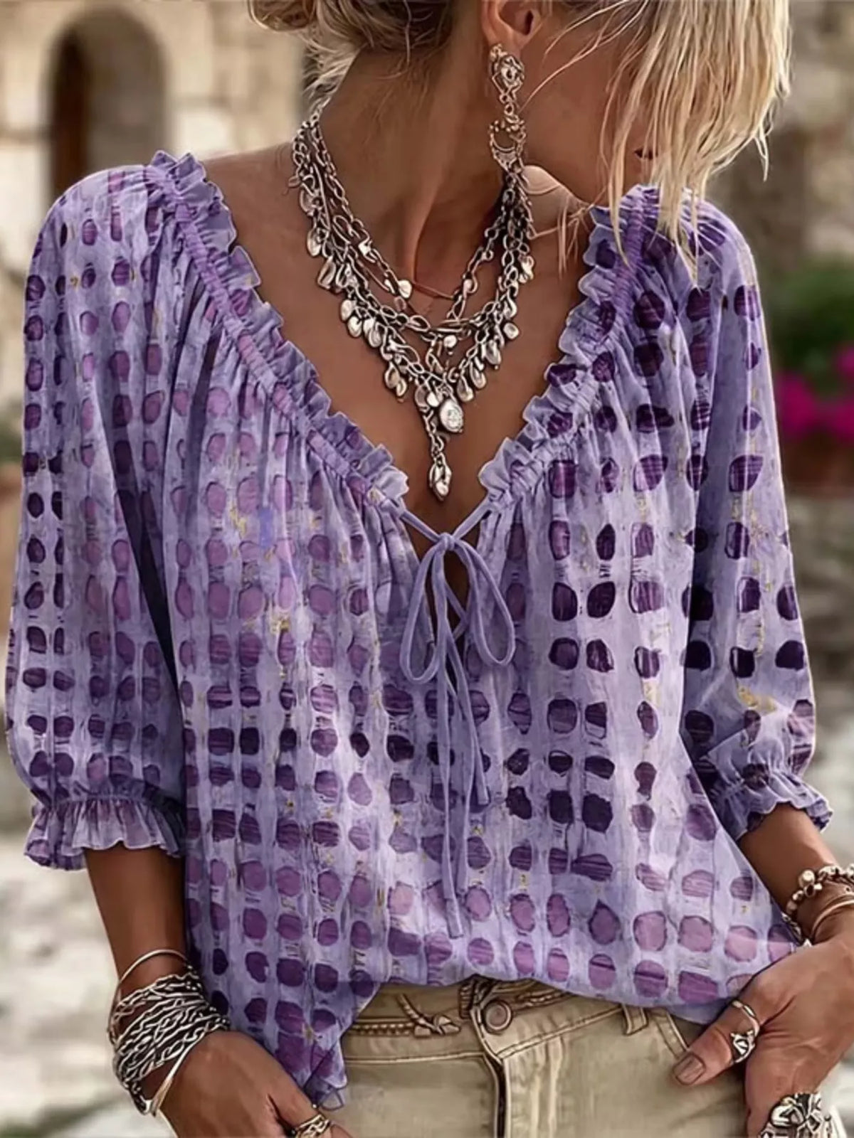 Full Size Tie Neck 3/4 Sleeve Blouse Plus Size | STAHlin RADIANCE
