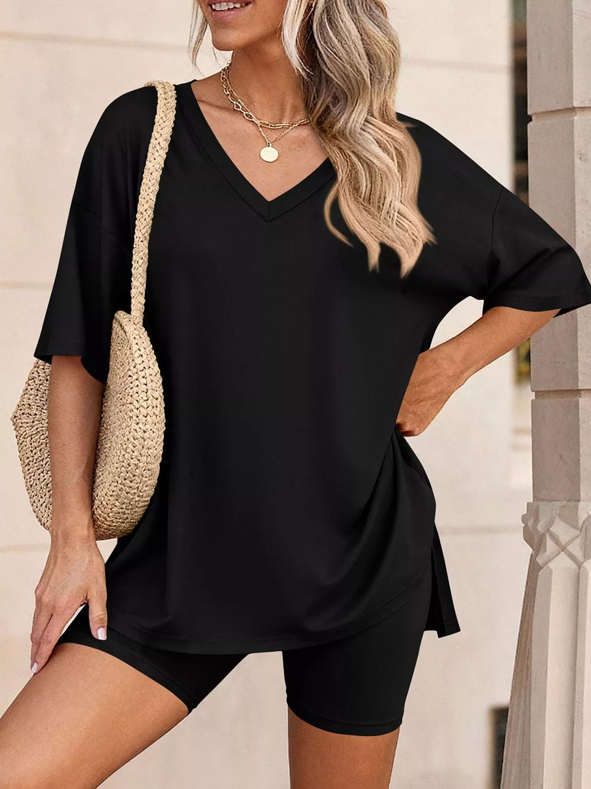 Full Size Casual Loose V-Neck T-Shirt & Shorts Set Plus Size | STAHlin RADIANCE