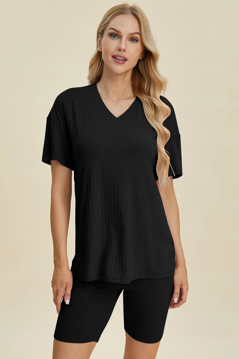 Basic Bae Full Size Ribbed V-Neck Short Sleeve Top and Shorts Set | STAHlin RADIANCE