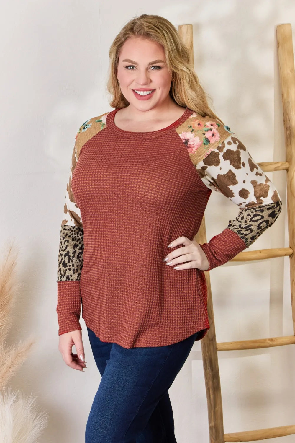 Hailey & Co Full Size Leopard Waffle-Knit Blouse | STAHlin RADIANCE