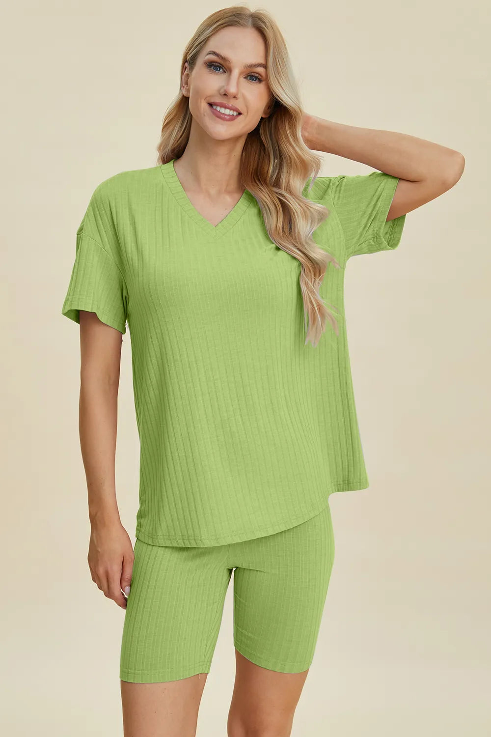 Basic Bae Full Size Ribbed V-Neck Short Sleeve Top and Shorts Set | STAHlin RADIANCE