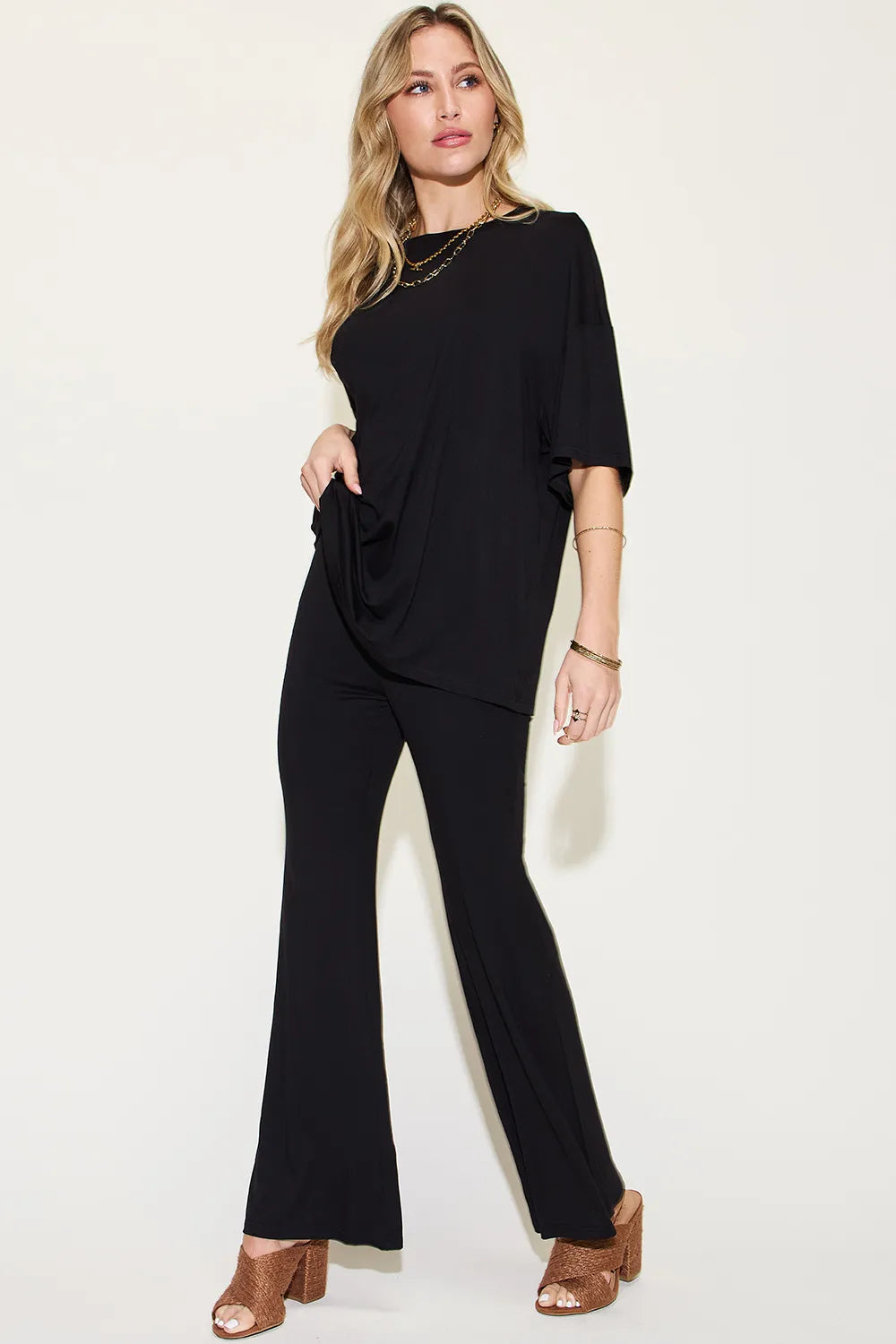 Basic Bae Full Size Bamboo Drop Shoulder T-Shirt and Flare Pants Set | STAHlin RADIANCE