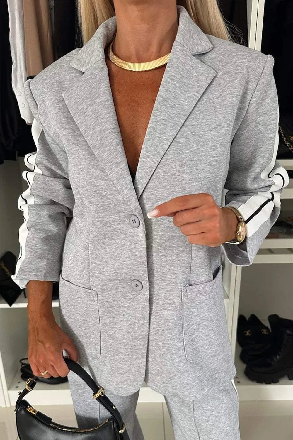 Full Size Contrast Lapel Collar Top and Pants Set | STAHlin RADIANCE