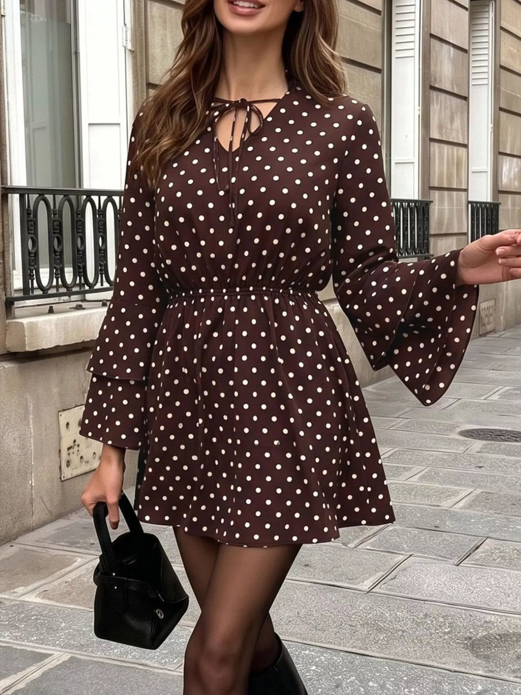 Polka Dot Flare Sleeve Tie Neck Dress | STAHlin RADIANCE