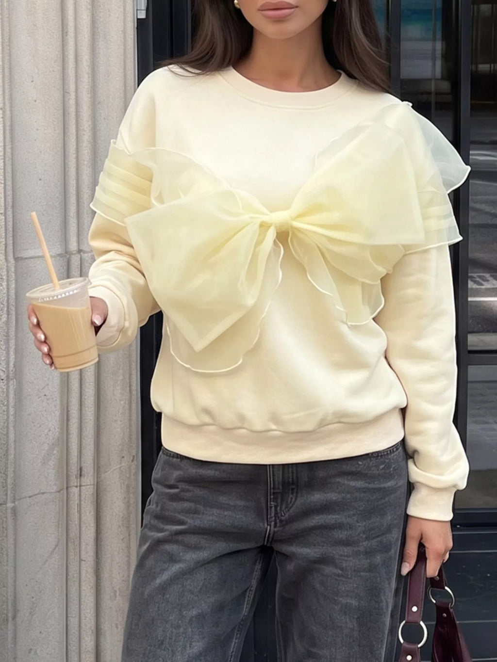 Bow Round Neck Long Sleeve Sweatshirt | STAHlin RADIANCE