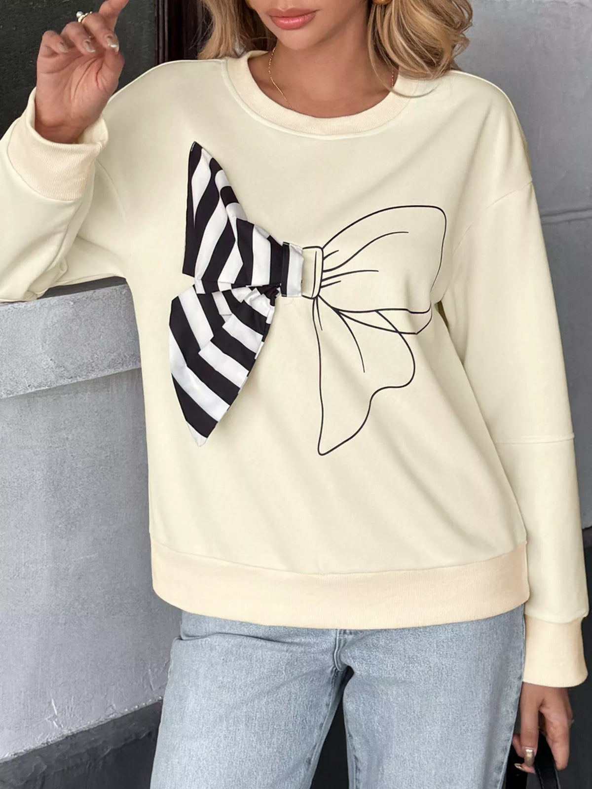 Bow Round Neck Dropped Shoulder Sweatshirt | STAHlin RADIANCE