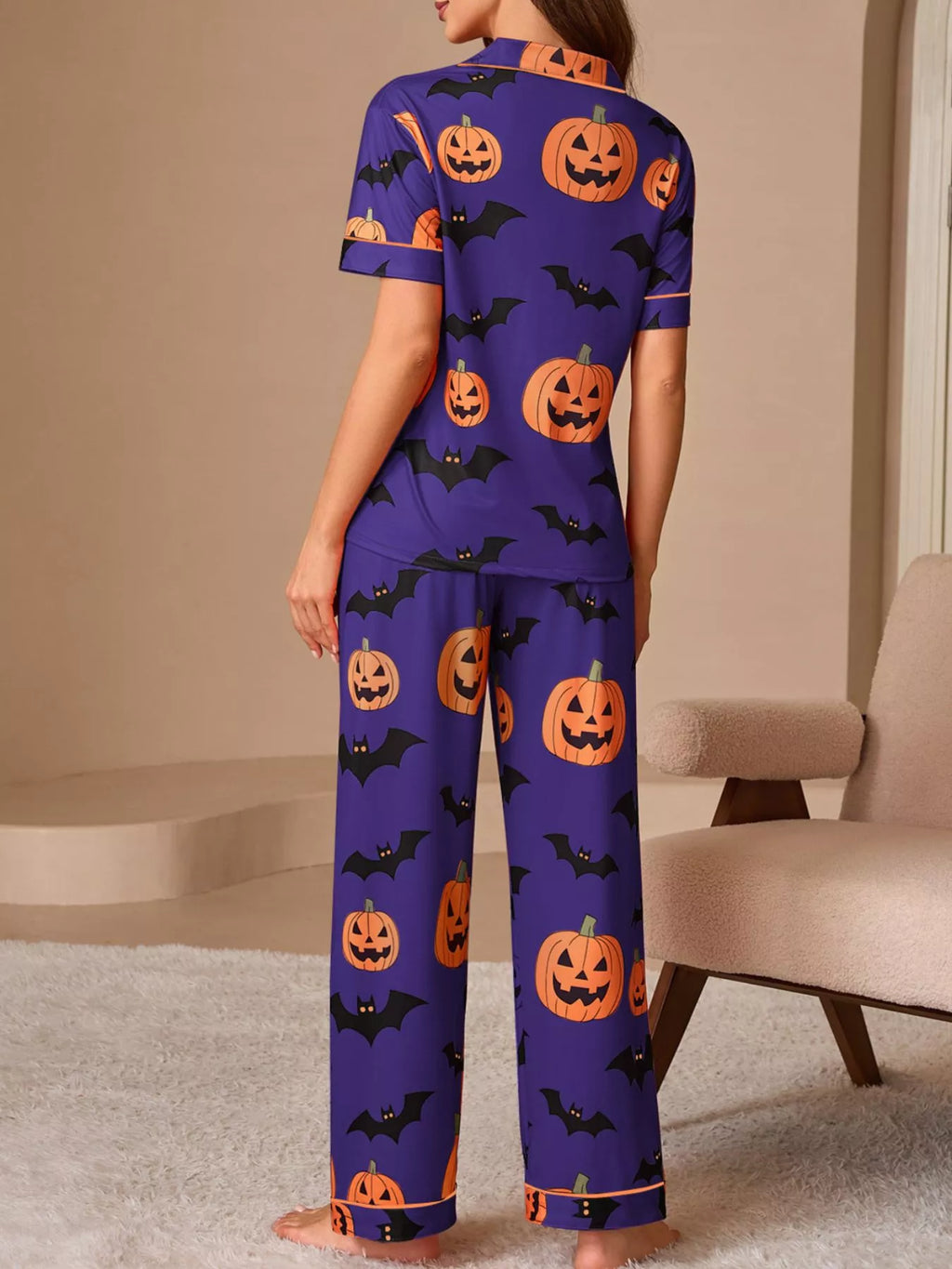 Halloween Pumpkin and Bat Print Button-Down Top and Pants Lounge Set | STAHlin RADIANCE