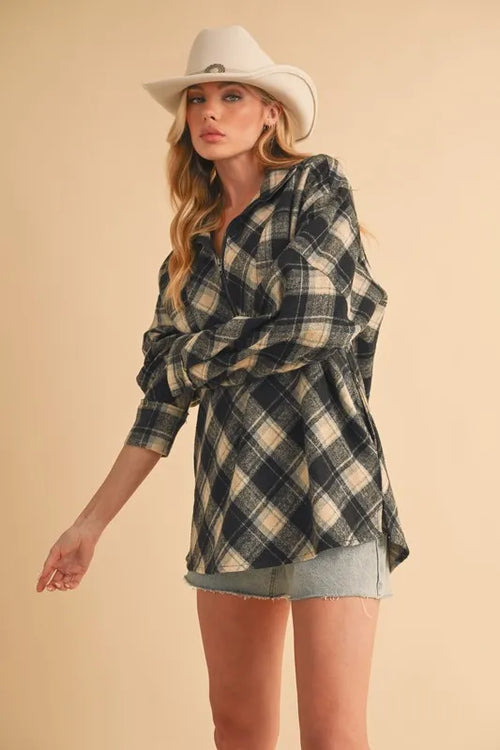 Aemi + Co Slit Plaid Half Zip Drop Shoulder Top | STAHlin RADIANCE