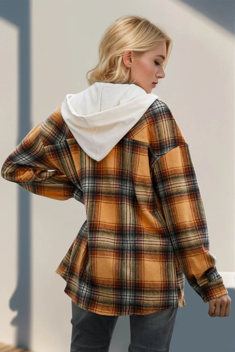 Double Take Drawstring Plaid Long Sleeve Hooded Shacket | STAHlin RADIANCE