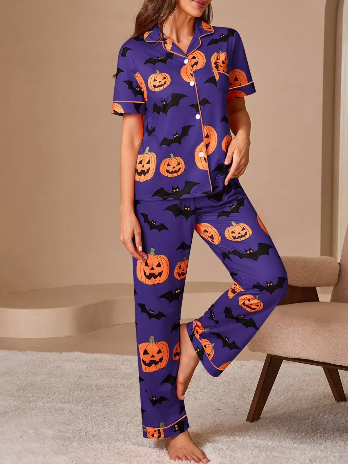 Halloween Pumpkin and Bat Print Button-Down Top and Pants Lounge Set | STAHlin RADIANCE