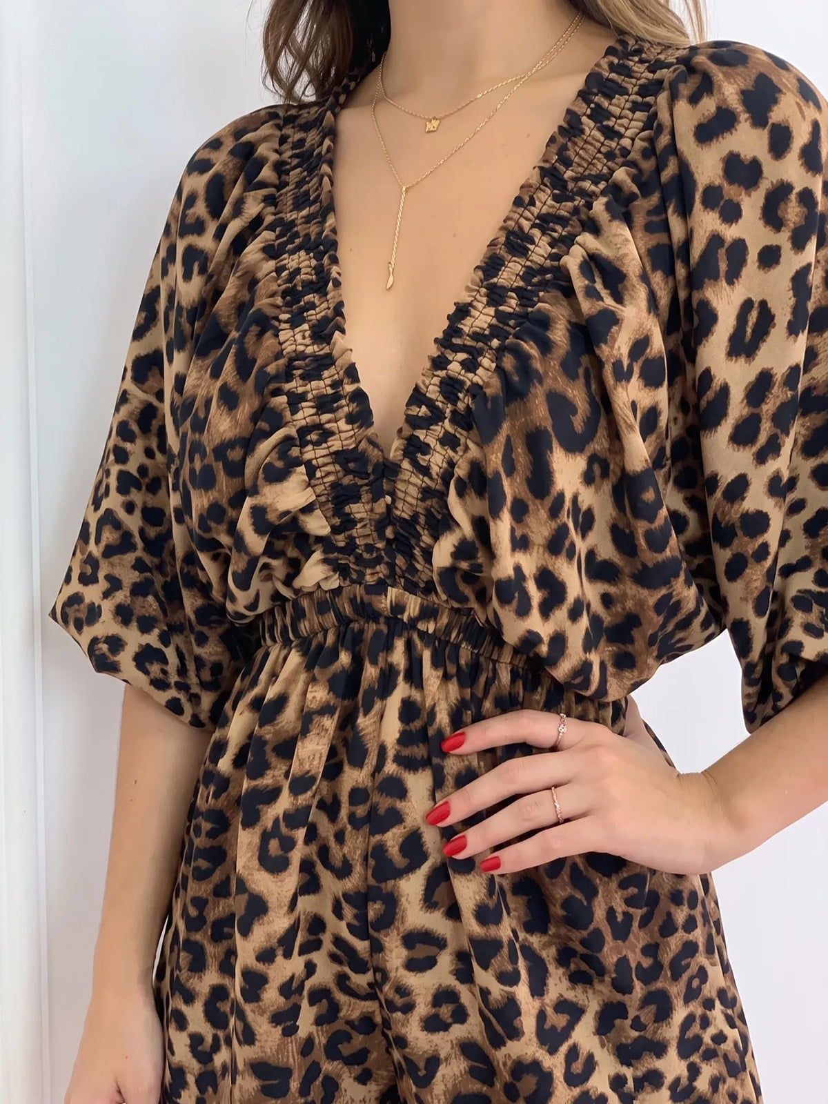 V-Neck Leopard Print Puff Sleeve Romper | STAHlin RADIANCE