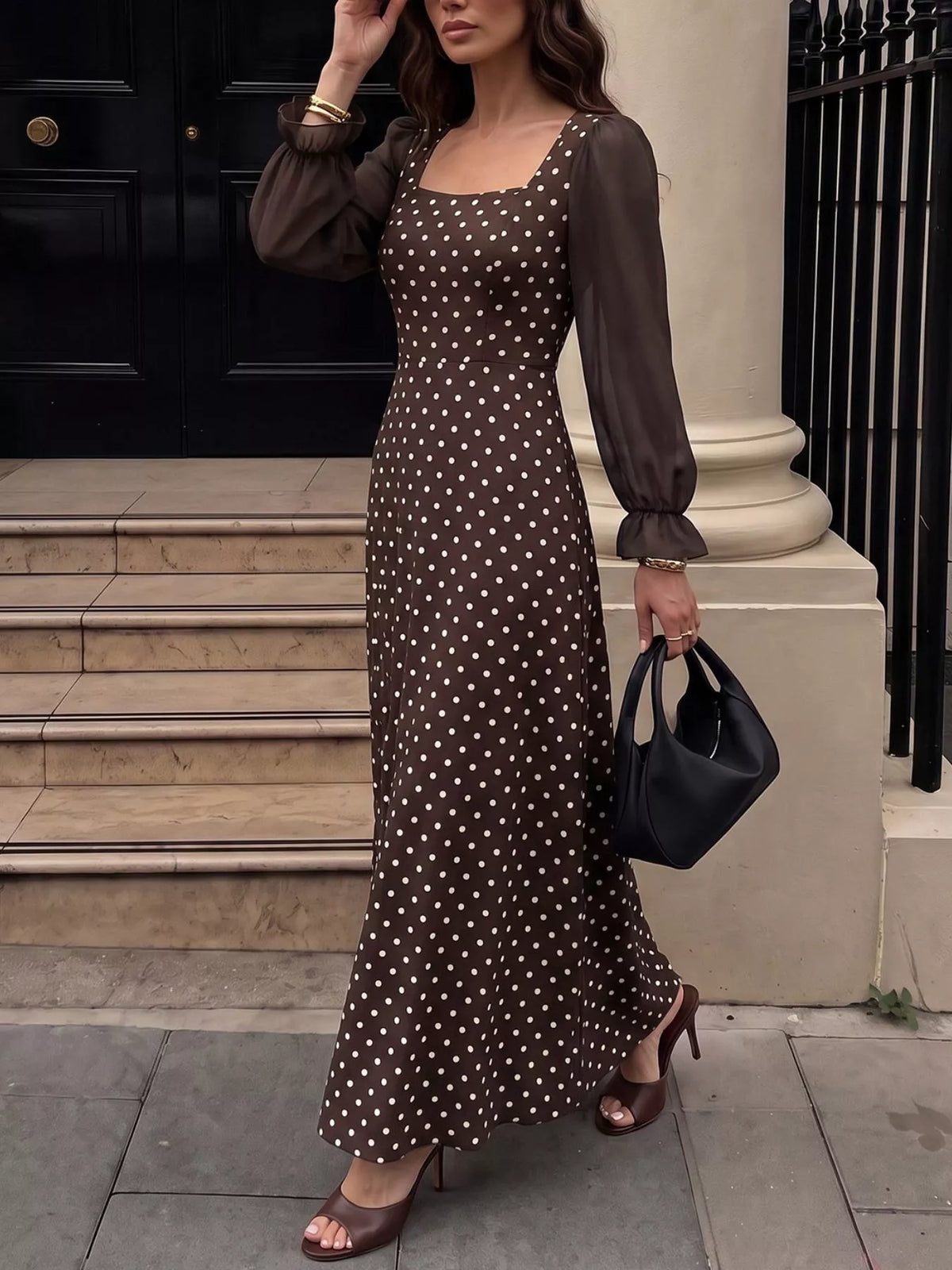 Polka Dot Square Neck Long Sleeve Maxi Dress | STAHlin RADIANCE