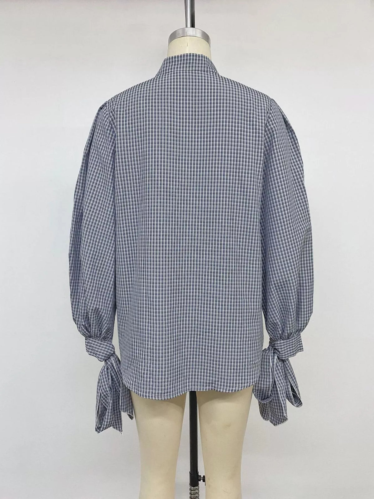 Gingham Button Up Shirt with Tie-Sleeve Detail | STAHlin RADIANCE