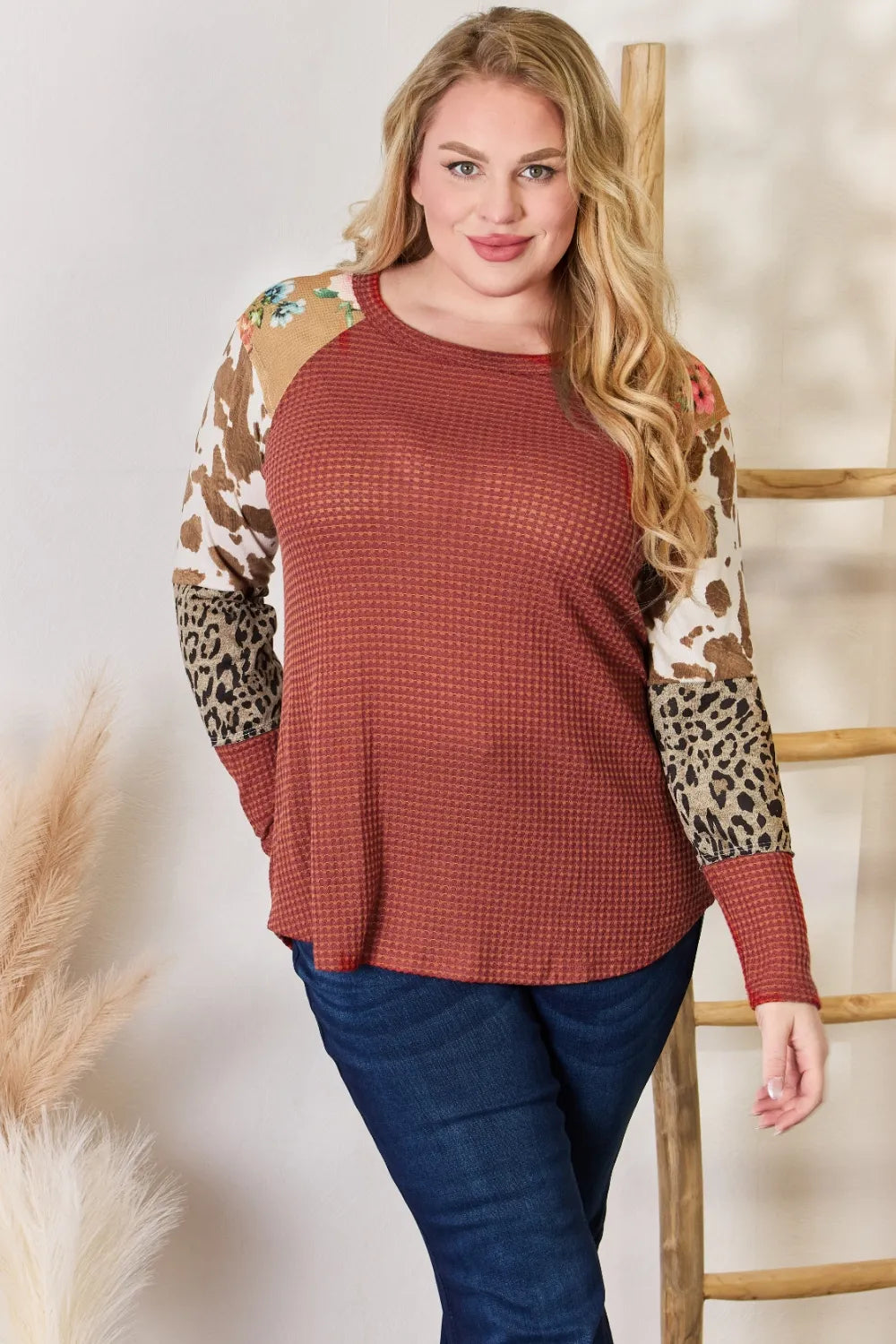 Hailey & Co Full Size Leopard Waffle-Knit Blouse | STAHlin RADIANCE