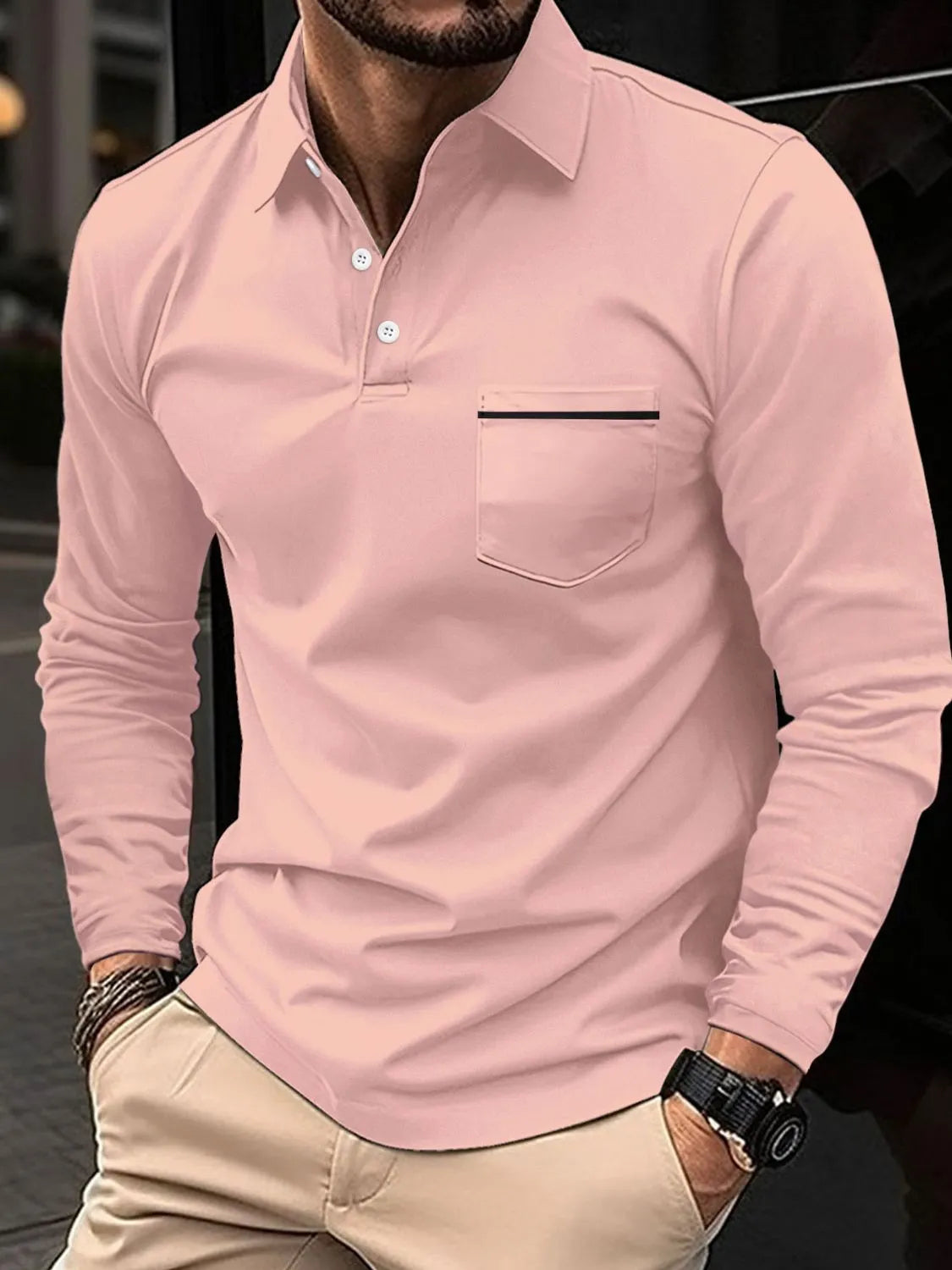 Men's Full Size Button Detail Long Sleeve Polo Plus Size | STAHlin RADIANCE