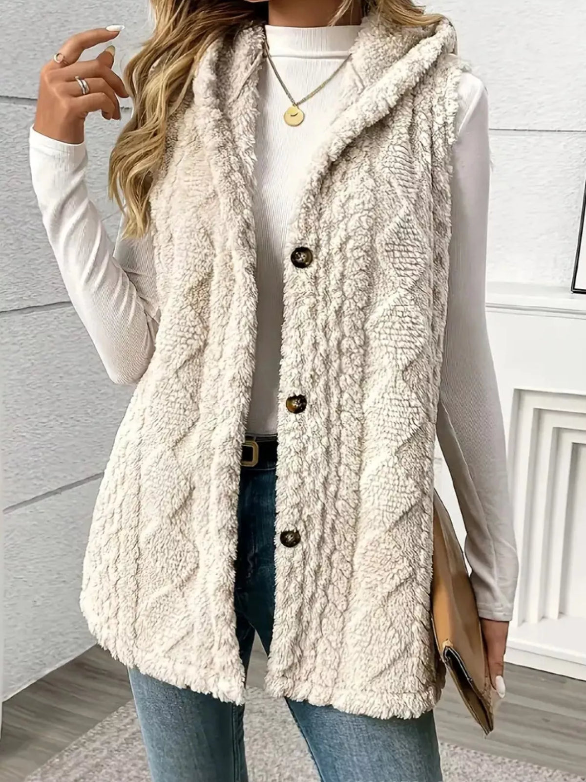 Hooded Button-Up Sherpa Vest Coat | STAHlin RADIANCE