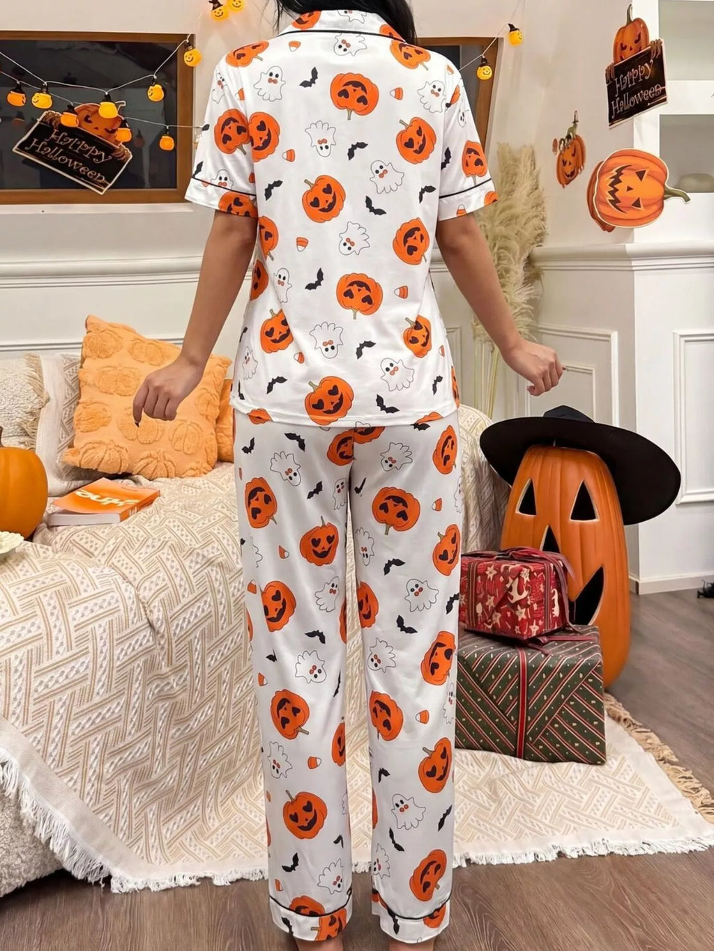 Halloween Pumpkin Print Button-Down Top and Pants Set | STAHlin RADIANCE