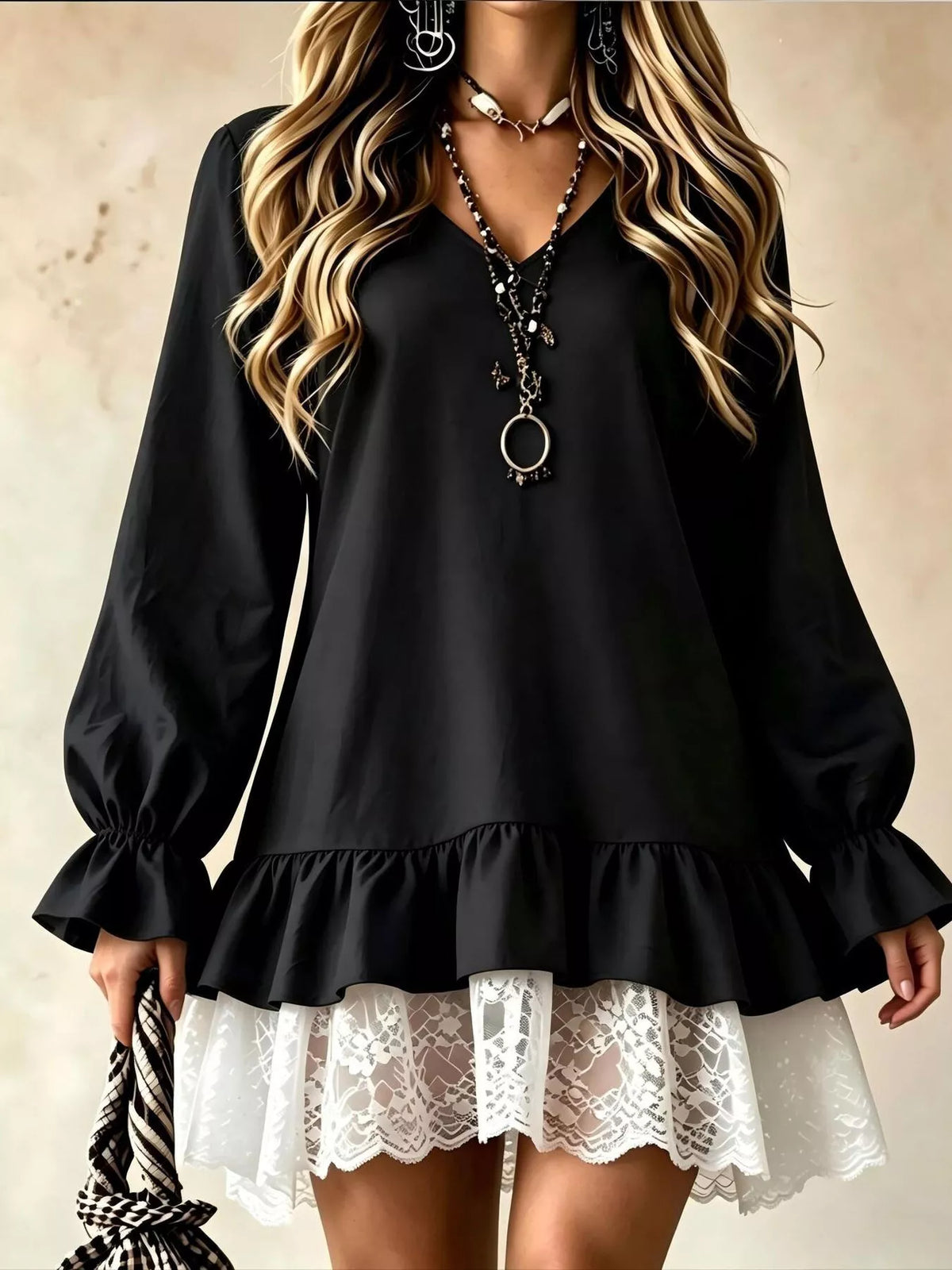V-Neck Long Sleeve Ruffle Hem Lace Detail Dress | STAHlin RADIANCE