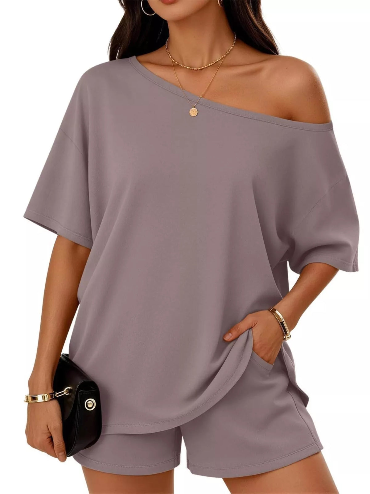 Full Size Boat Neck Tee and Shorts Set Plus Size | STAHlin RADIANCE