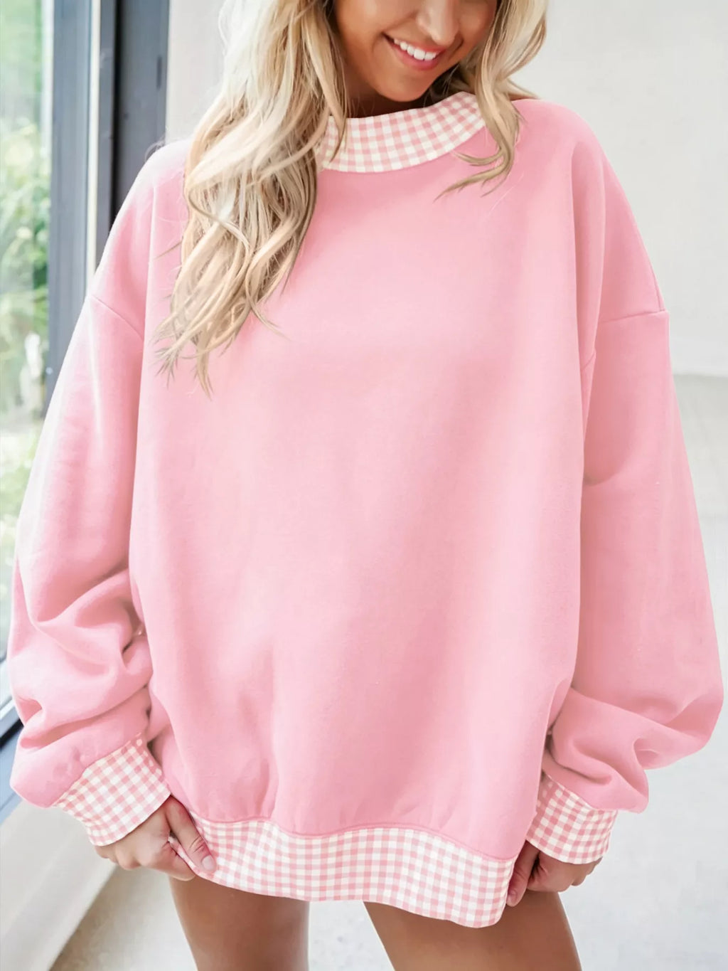 Gingham Trim Dropped Shoulder Sweatshirt | STAHlin RADIANCE