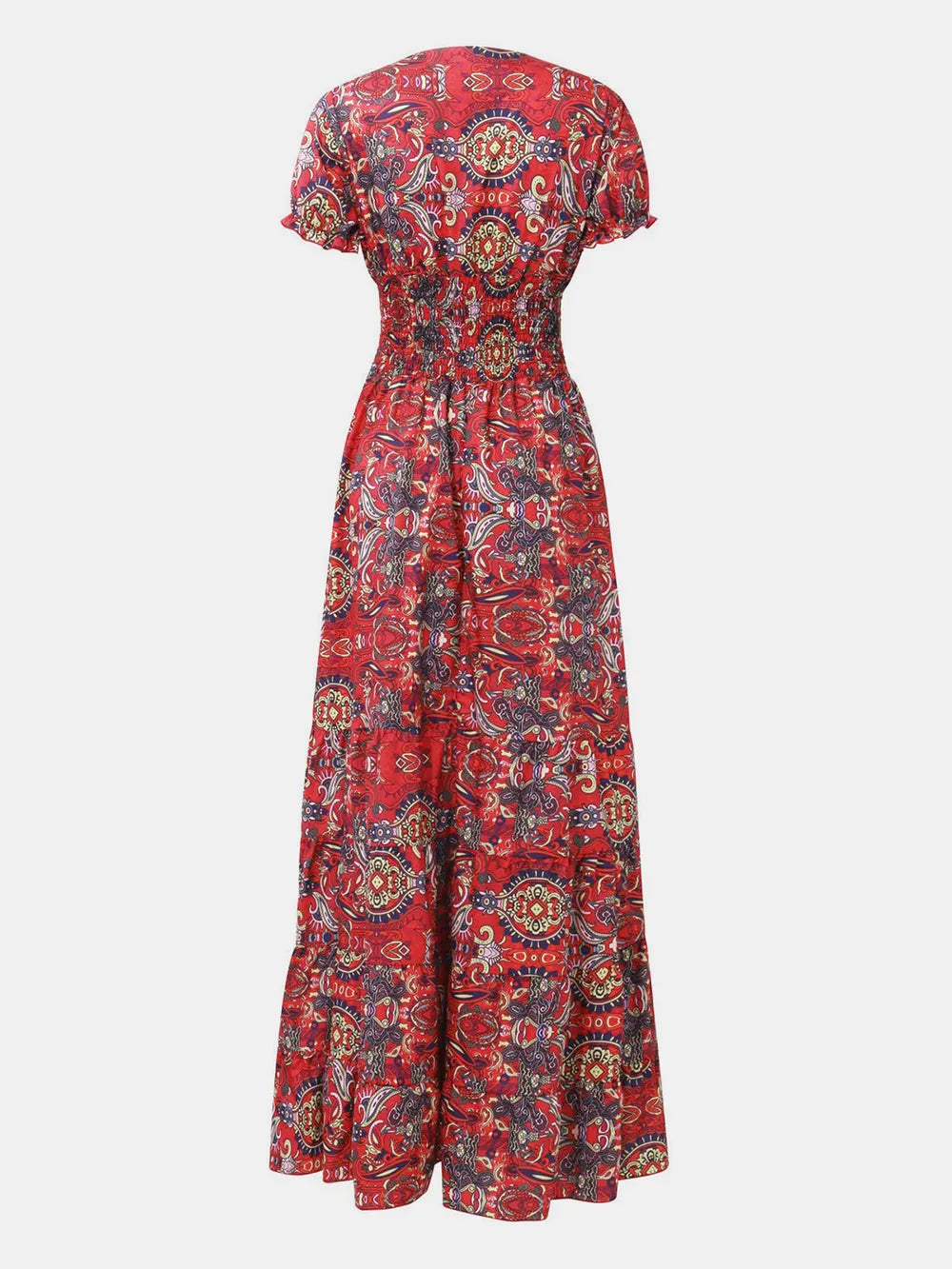 Full Size Smocked Printed V-Neck Short Sleeve Dress | STAHlin RADIANCE