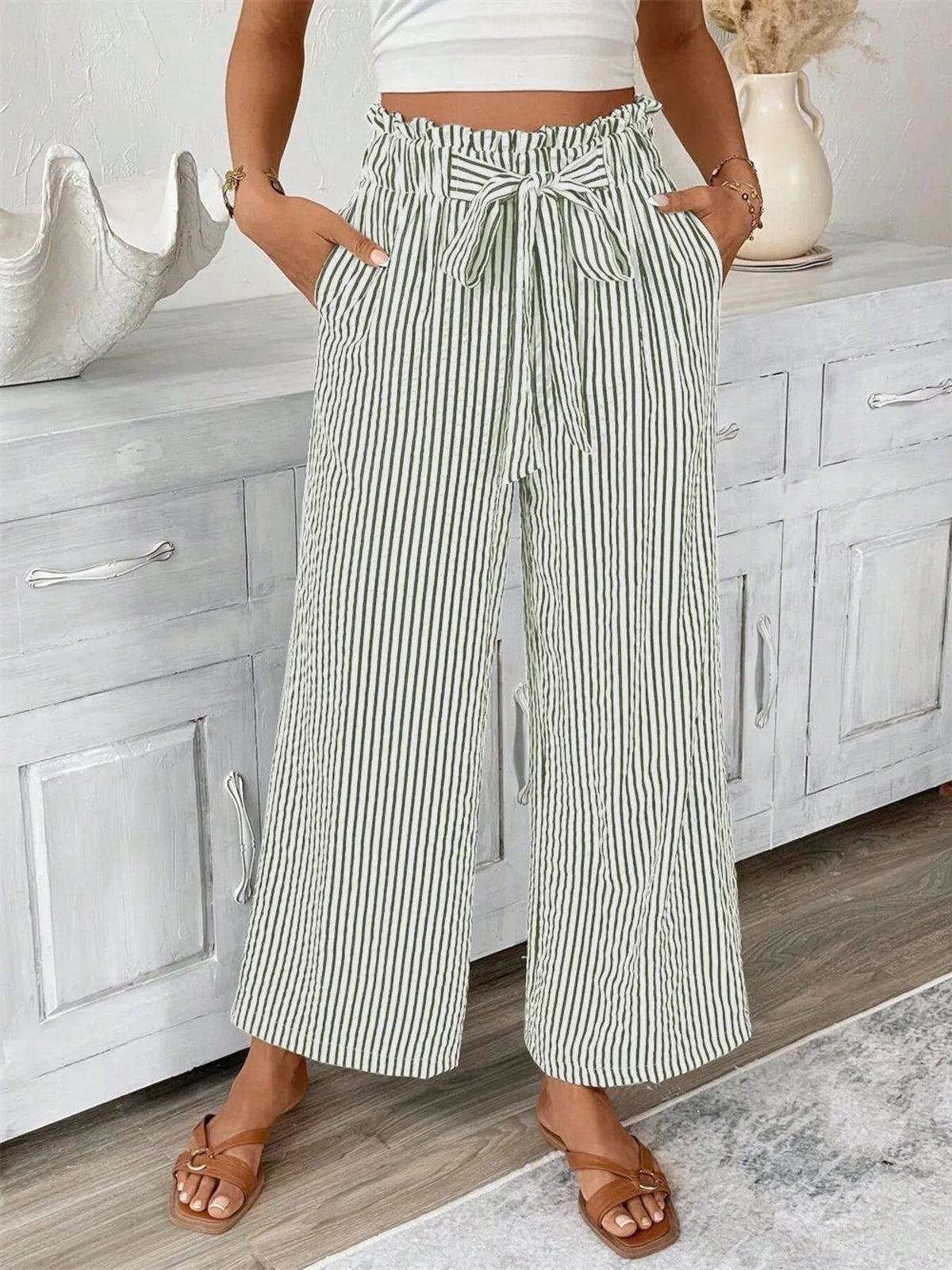 Full Size Striped Wide Leg Paper Bag Pants Plus Size | STAHlin RADIANCE