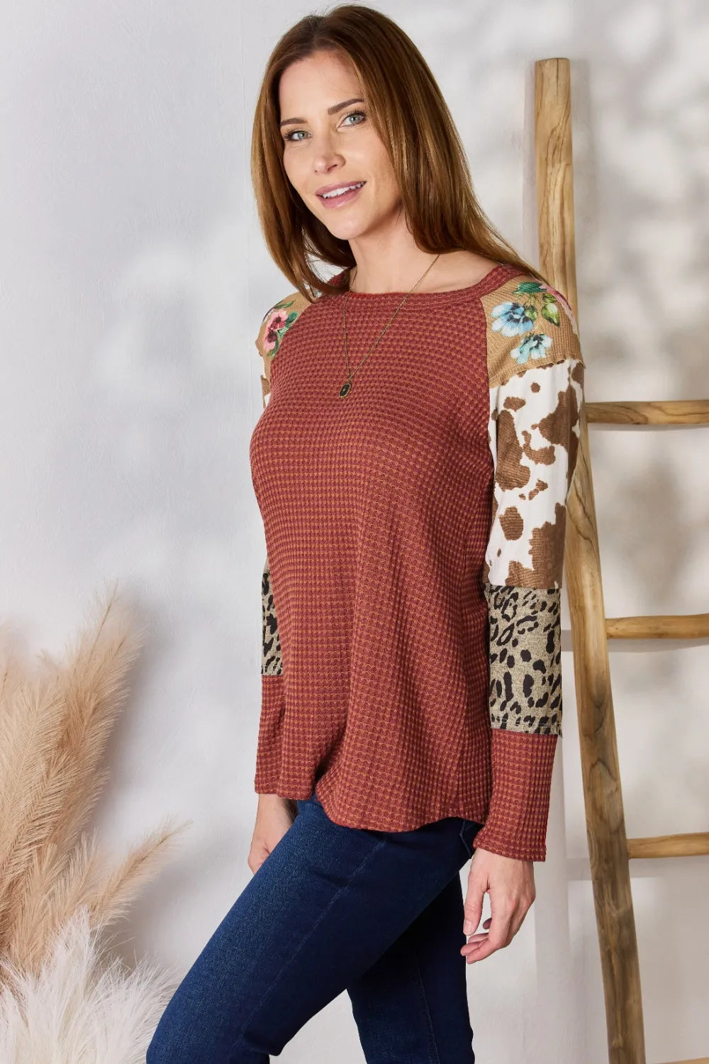 Hailey & Co Full Size Leopard Waffle-Knit Blouse | STAHlin RADIANCE