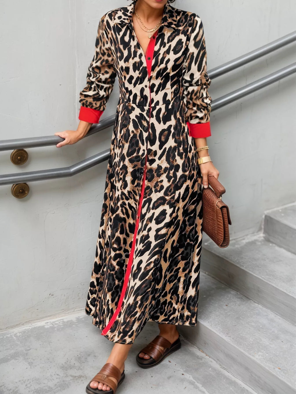 Leopard Print Long Sleeve Shirt Dress with Contrast Trim | STAHlin RADIANCE