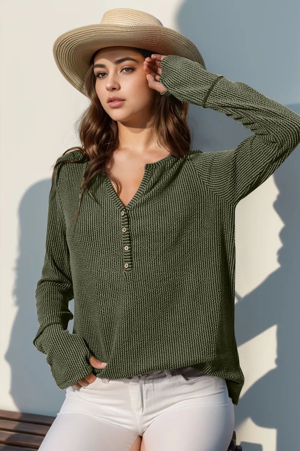 Double Take Full Size Notched Thumbhole Long Sleeve T-Shirt | STAHlin RADIANCE