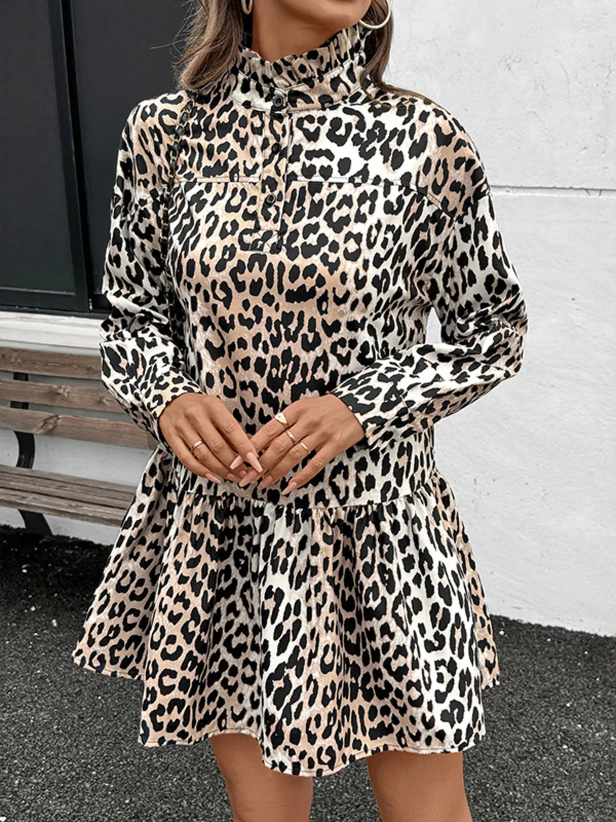 Leopard Print Long Sleeve Mock Neck Mini Dress | STAHlin RADIANCE