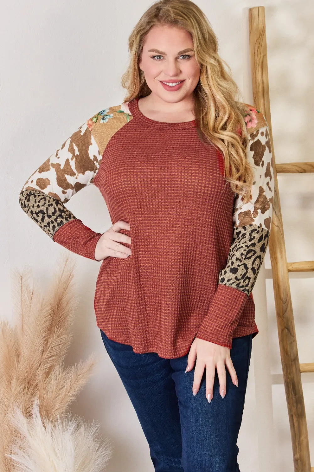 Hailey & Co Full Size Leopard Waffle-Knit Blouse | STAHlin RADIANCE