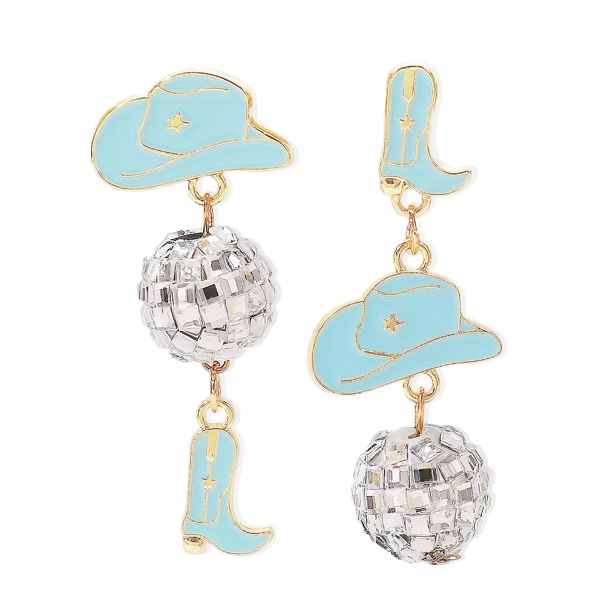 Asymmetrical Cowgirl Boot Hat Ball Dangle Earrings | STAHlin RADIANCE