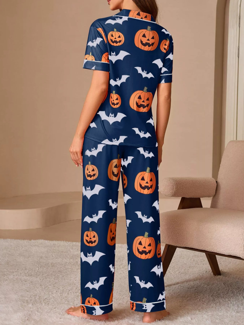 Halloween Pumpkin and Bat Print Button-Down Top and Pants Lounge Set | STAHlin RADIANCE