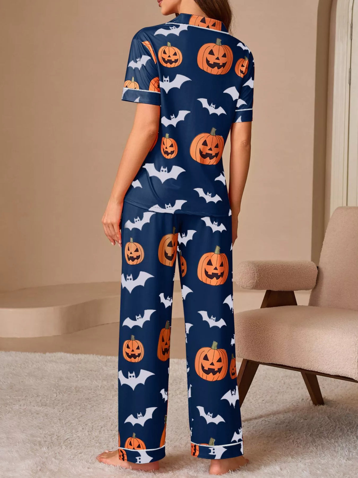 Halloween Pumpkin and Bat Print Button-Down Top and Pants Lounge Set | STAHlin RADIANCE