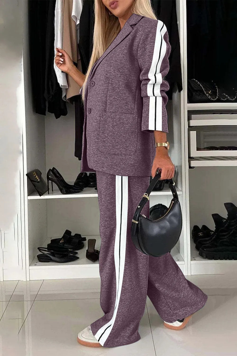 Full Size Contrast Lapel Collar Top and Pants Set | STAHlin RADIANCE