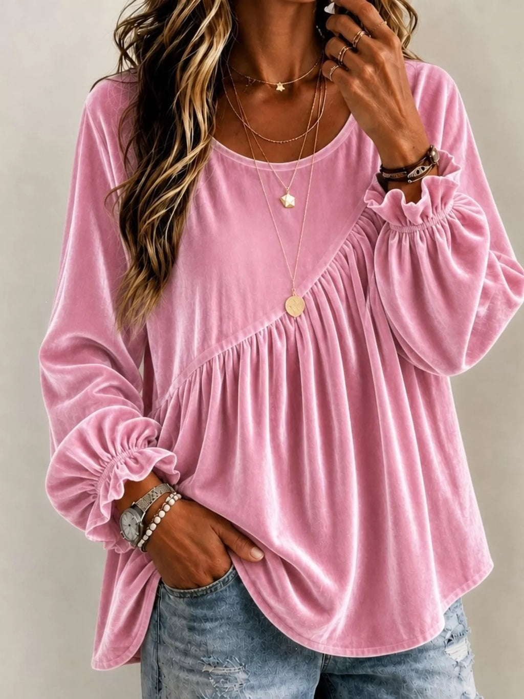 Full Size Velvet Round Neck Long Sleeve Blouse Plus Size | STAHlin RADIANCE