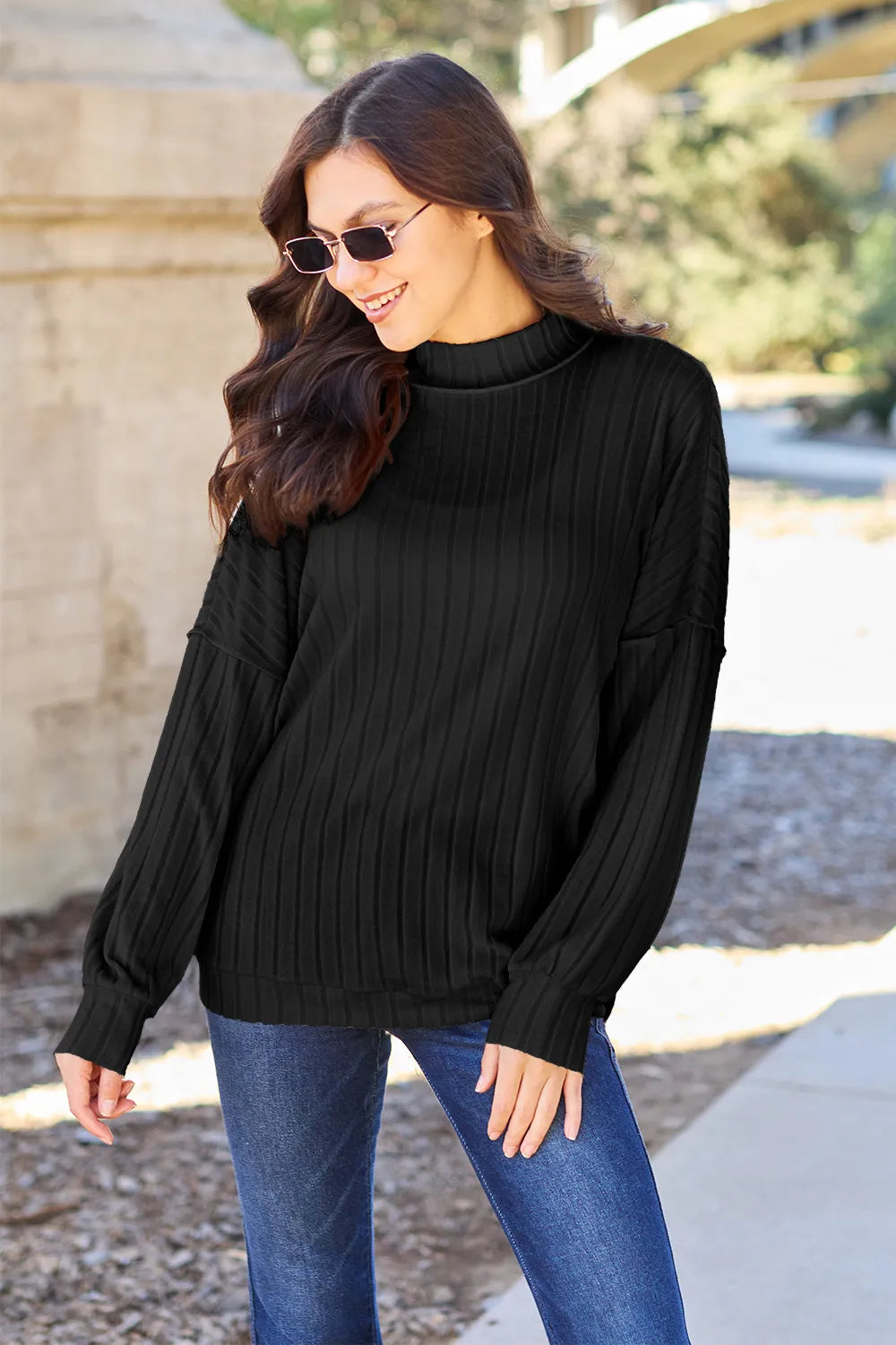 Basic Bae Full Size Ribbed Exposed Seam Mock Neck Knit Top | STAHlin RADIANCE