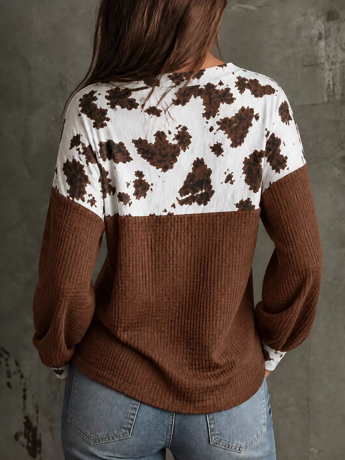 Cow Print Color Block Waffle Knit Blouse | STAHlin RADIANCE