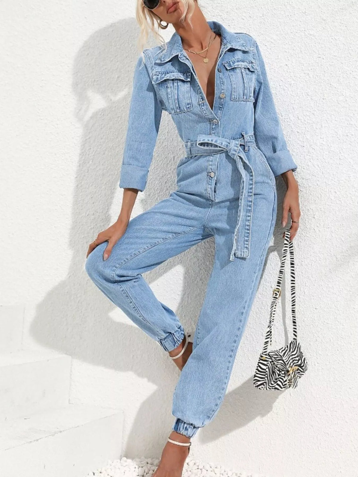 Long Sleeve Button-Up Denim Jumpsuit with Belted Waist and Elastic Cuffs | STAHlin RADIANCE