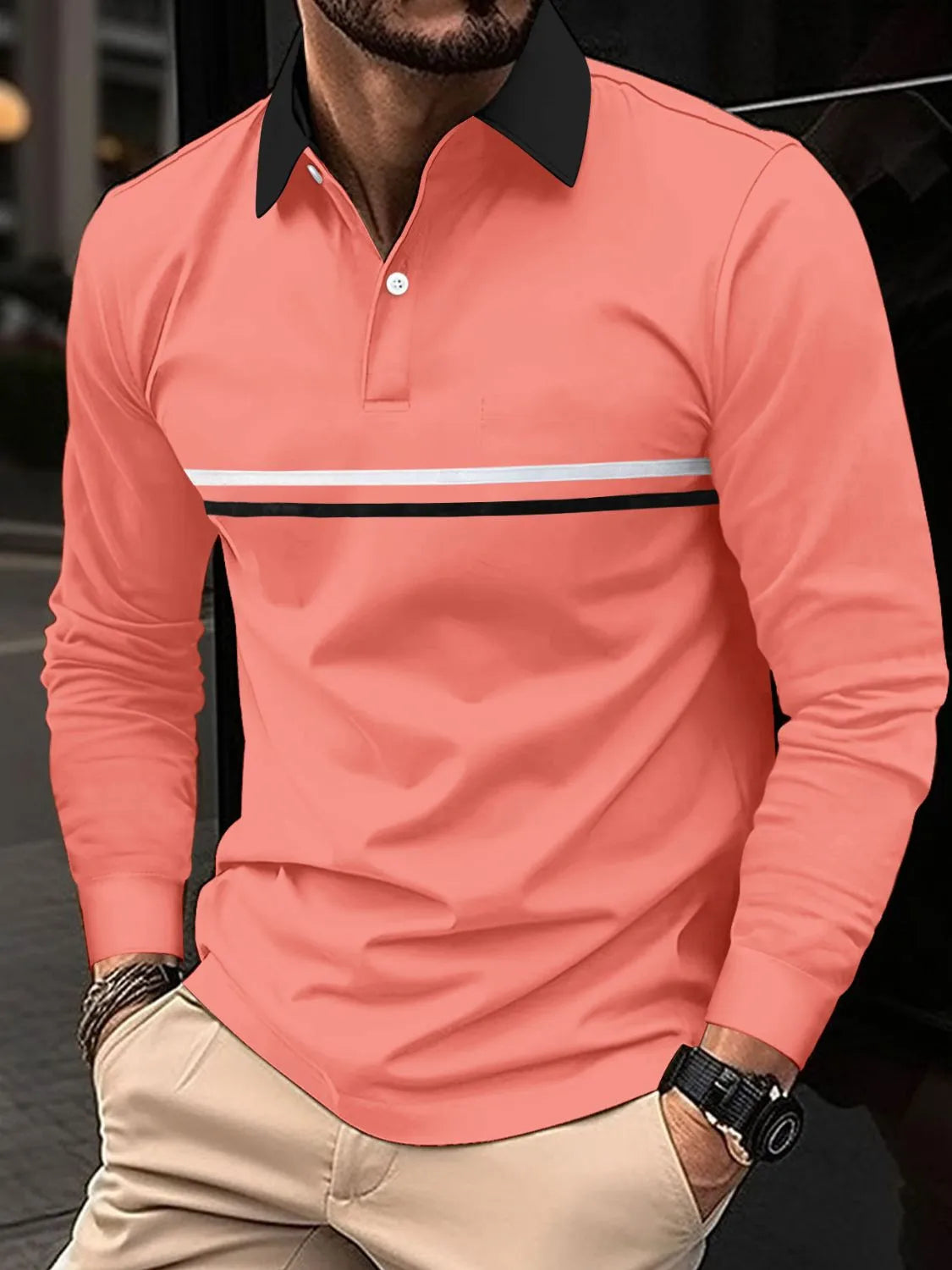 Men's Full Size Collared Neck Long Sleeve Polo Plus Size | STAHlin RADIANCE
