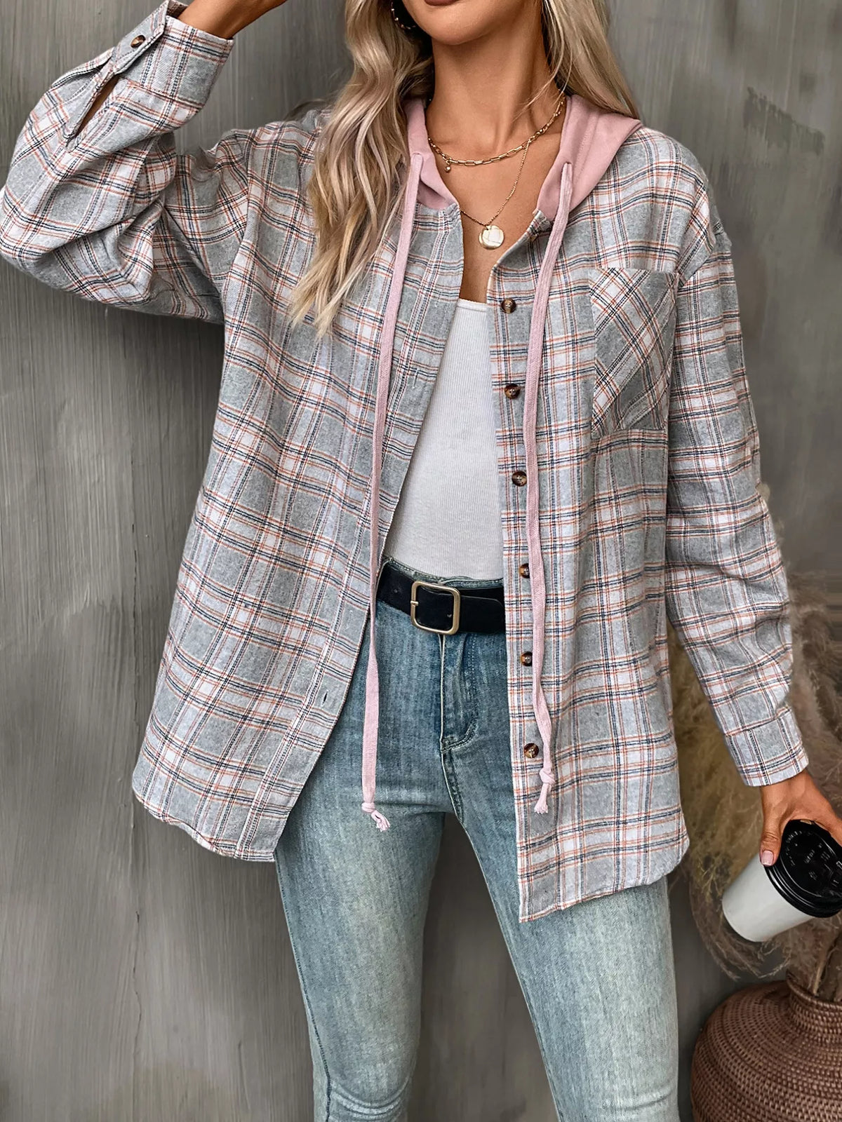Plaid Button-Up Hooded Shirt with Chest Pocket | STAHlin RADIANCE