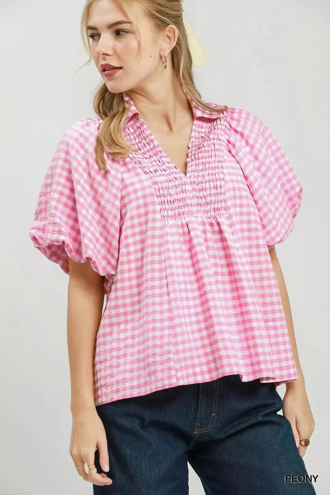 Umgee Smocked Yoke Puff Sleeve Gingham Blouse | STAHlin RADIANCE