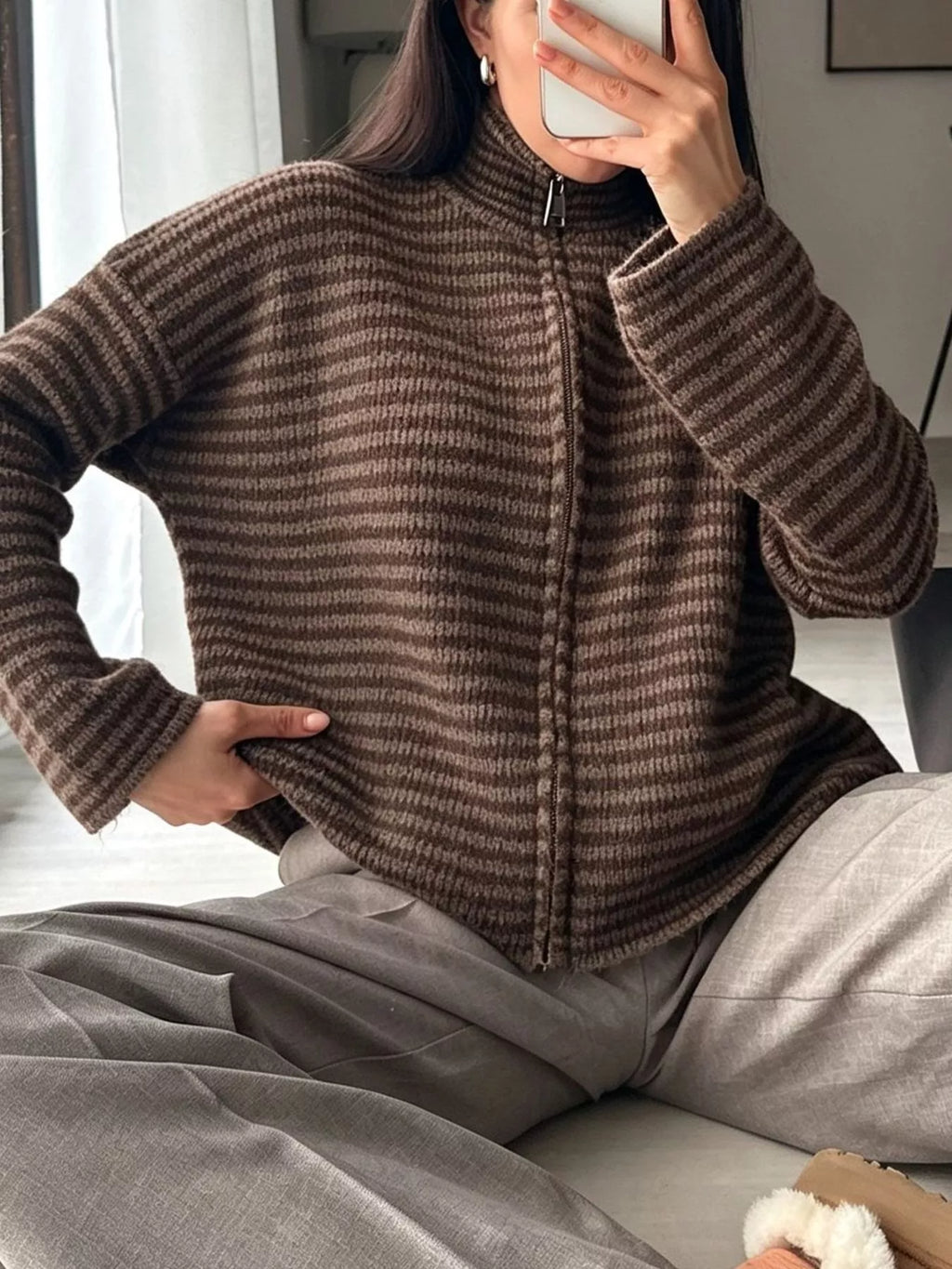 Striped Zip-Up Knit Cardigan | STAHlin RADIANCE