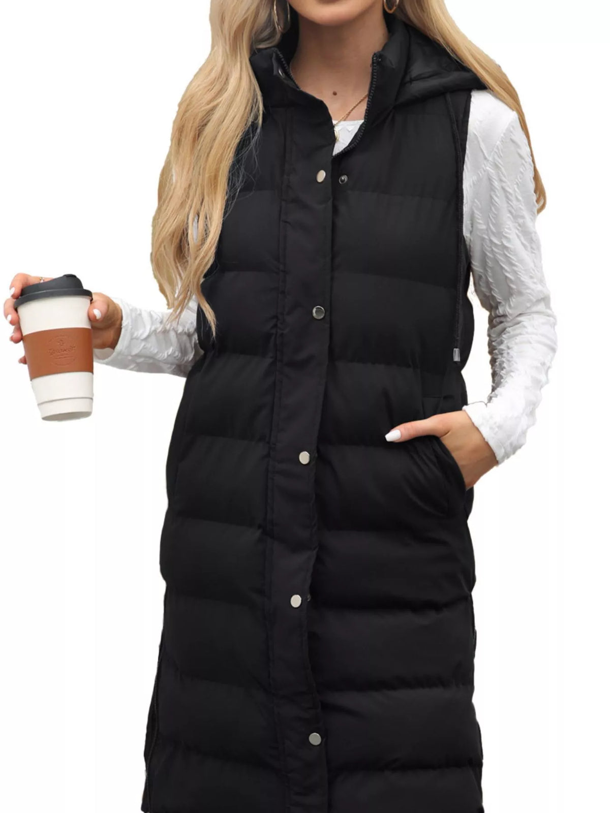 Full Size Snap Down Hooded Padded Longline Vest Coat Plus Size | STAHlin RADIANCE